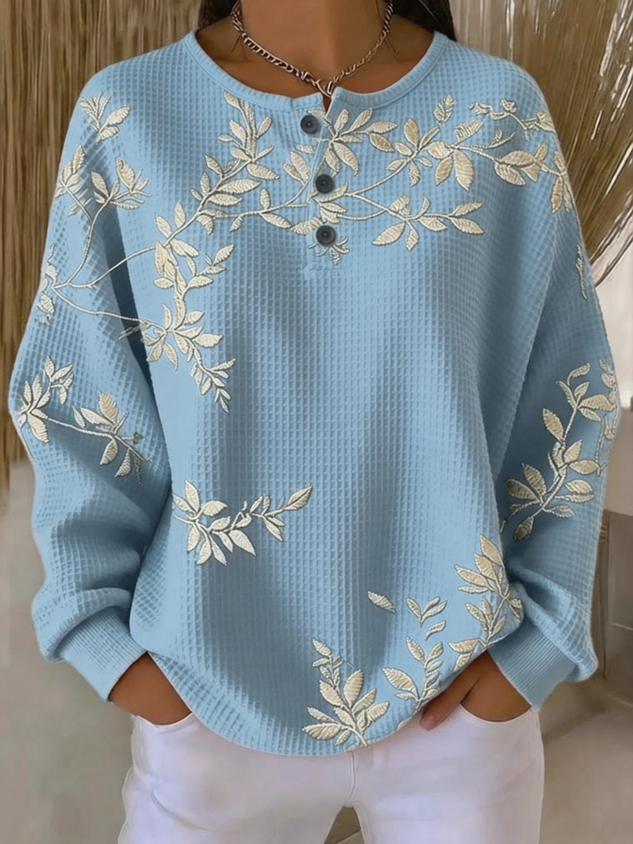 Vintage Henley Collar Leaf Sweatshirt