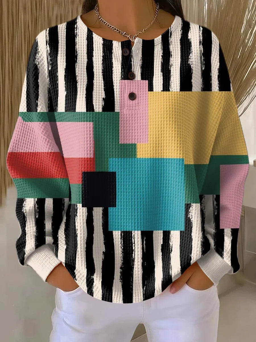 Women's Geometric Pattern Art Print Casual Cotton Waffle Sweatshirt