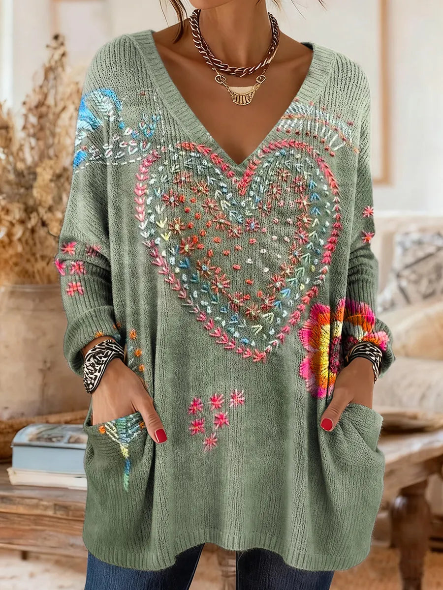 Women's Bohemian Heart Floral Art Print V-Neck Casual Long-Sleeve Sweater