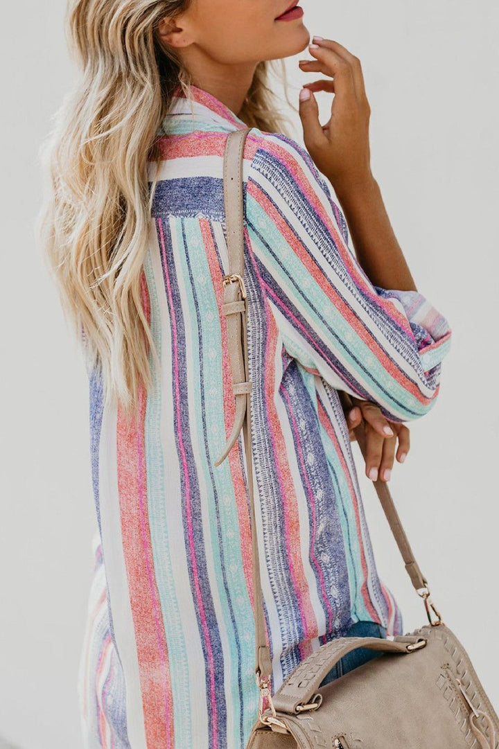 Stripe Print Buttons Collared Long Sleeves Blouse