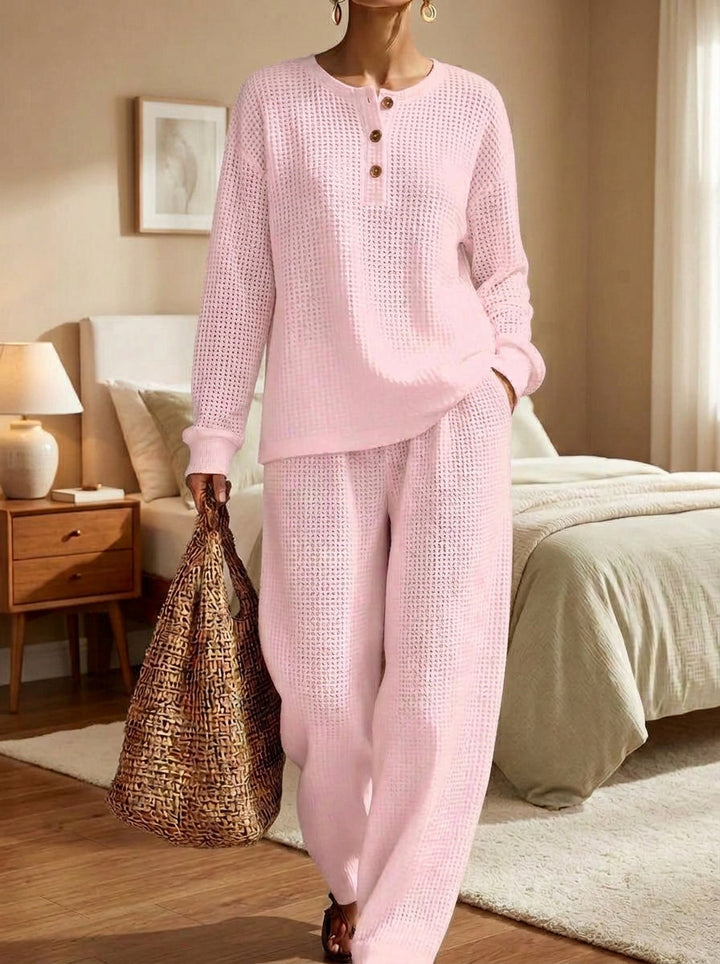 Womens Waffle Texture Henley Two Henley Neck Piece Set
