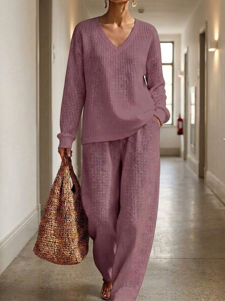 Womens Waffle Texture V Neck Two Piece Set