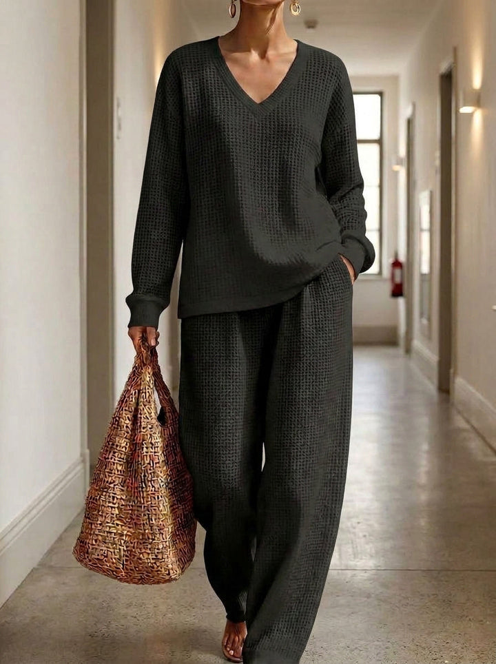 Womens Waffle Texture V Neck Two Piece Set