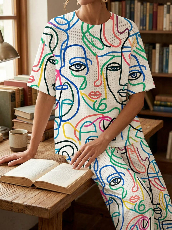 Womens Waffle Texture Abstract Face Print Two Piece Set