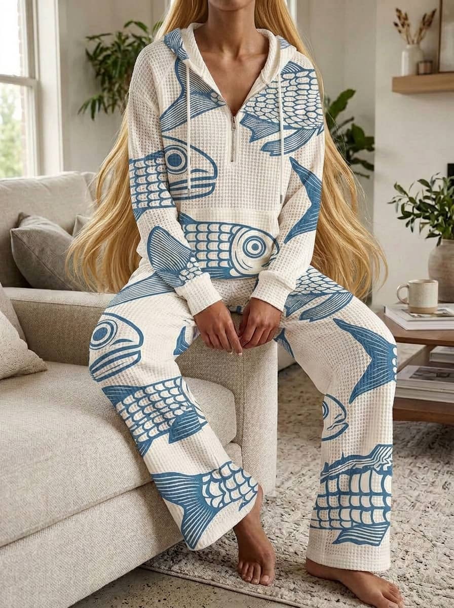 Womens Waffle Texture Blue Fish Print Casual Hoodie Set