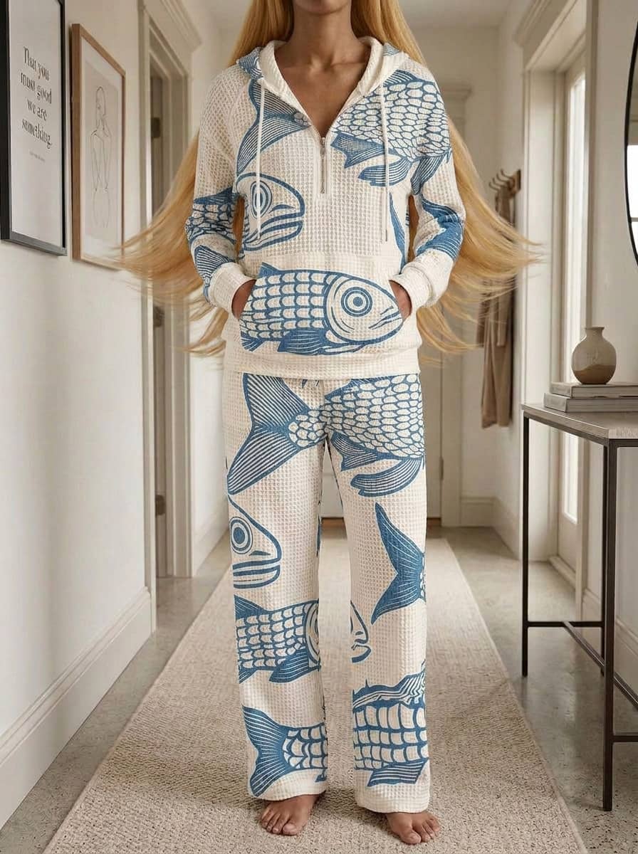 Womens Waffle Texture Blue Fish Print Casual Hoodie Set