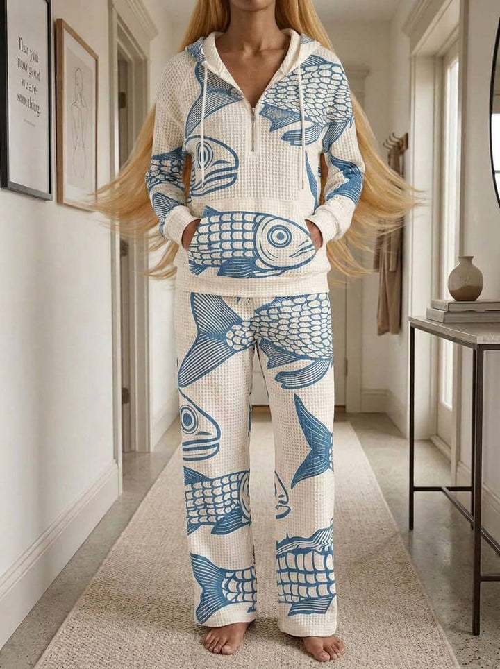 Womens Waffle Texture Blue Fish Print Casual Hoodie Set