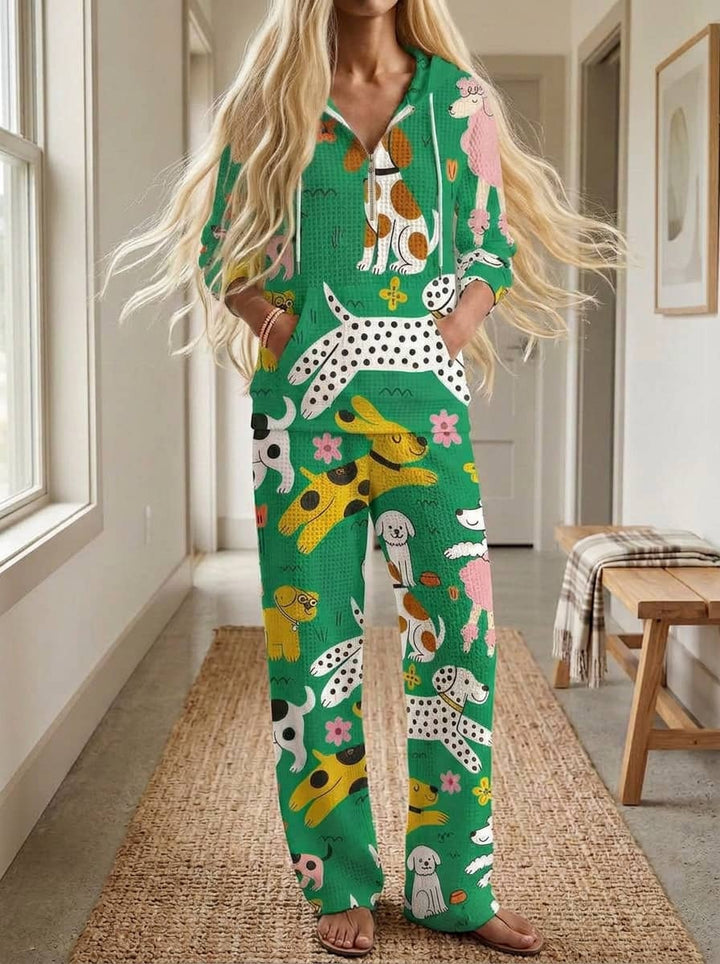 Womens Waffle Texture Green Dog Print Casual Hoodie Set