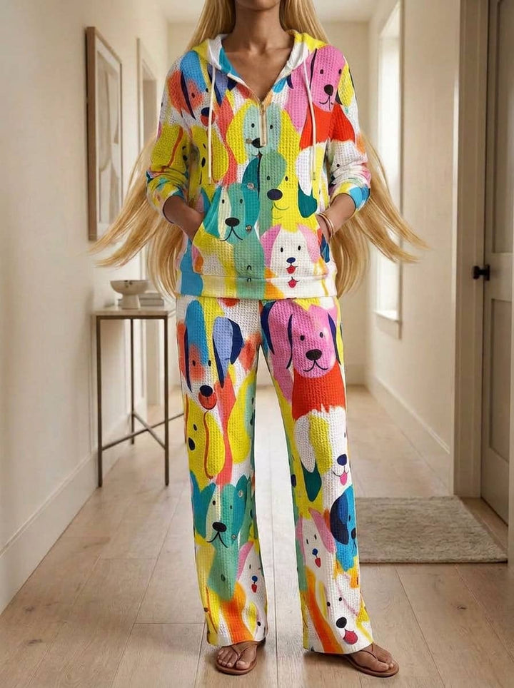 Womens Waffle Texture Colorful Dog Print Casual Lounge Set