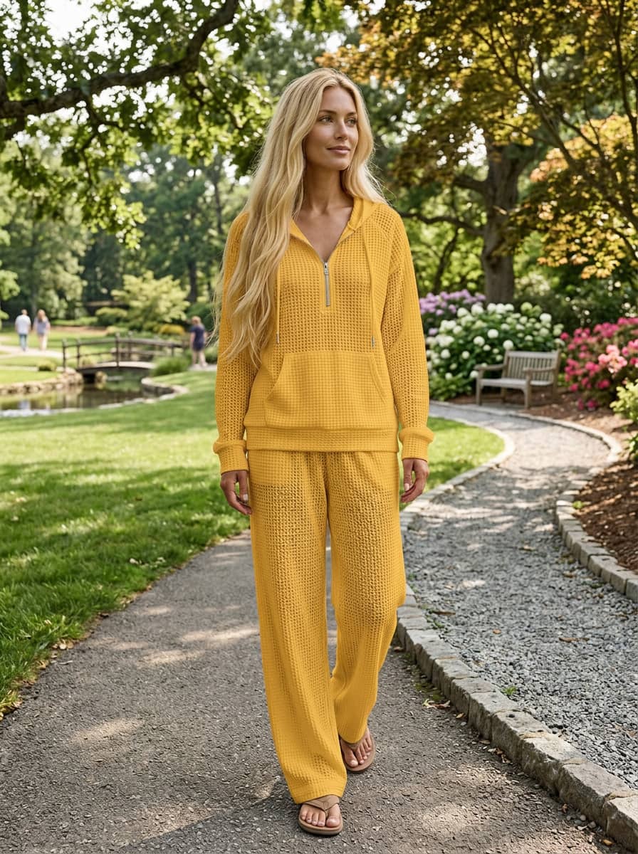 Womens Waffle Texture Casual Zip Hoodie Lounge Set