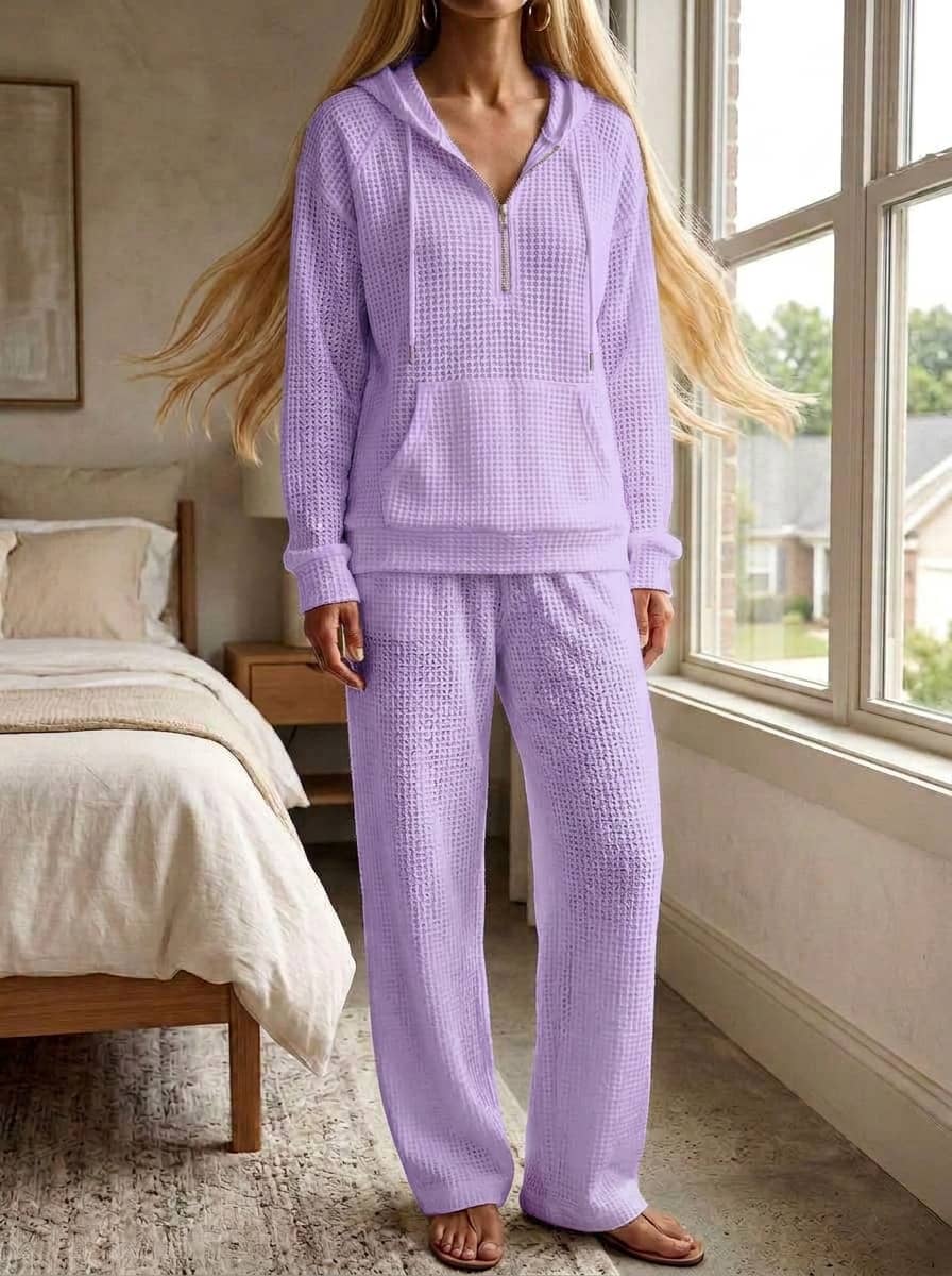 Womens Waffle Texture Casual Zip Hoodie Lounge Set