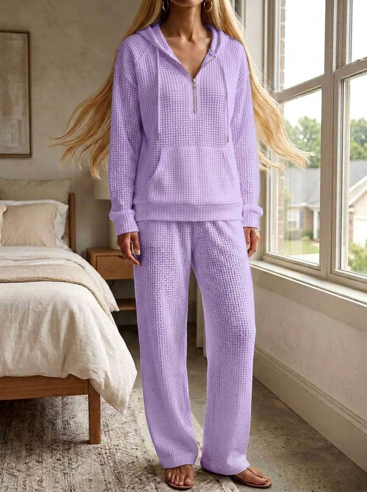 Womens Waffle Texture Casual Zip Hoodie Lounge Set