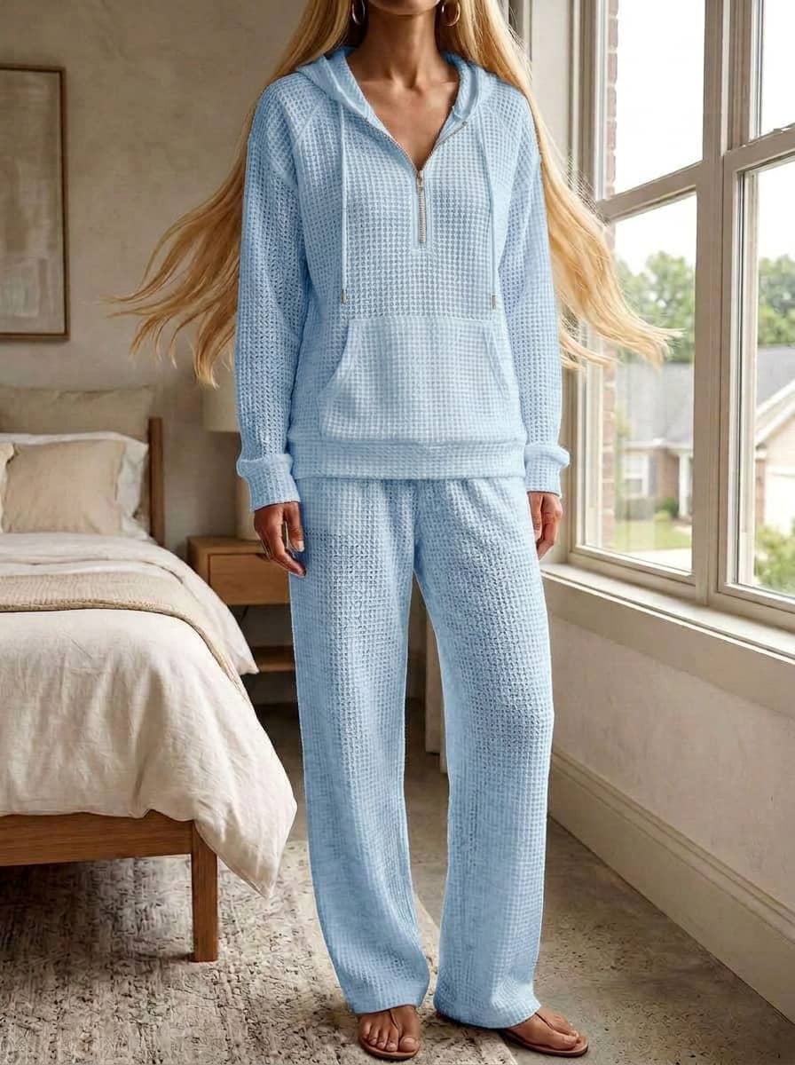 Womens Waffle Texture Casual Zip Hoodie Lounge Set