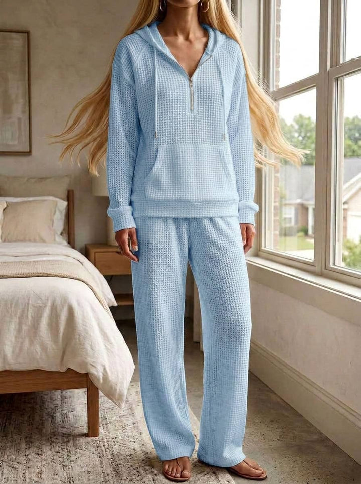 Womens Waffle Texture Casual Zip Hoodie Lounge Set