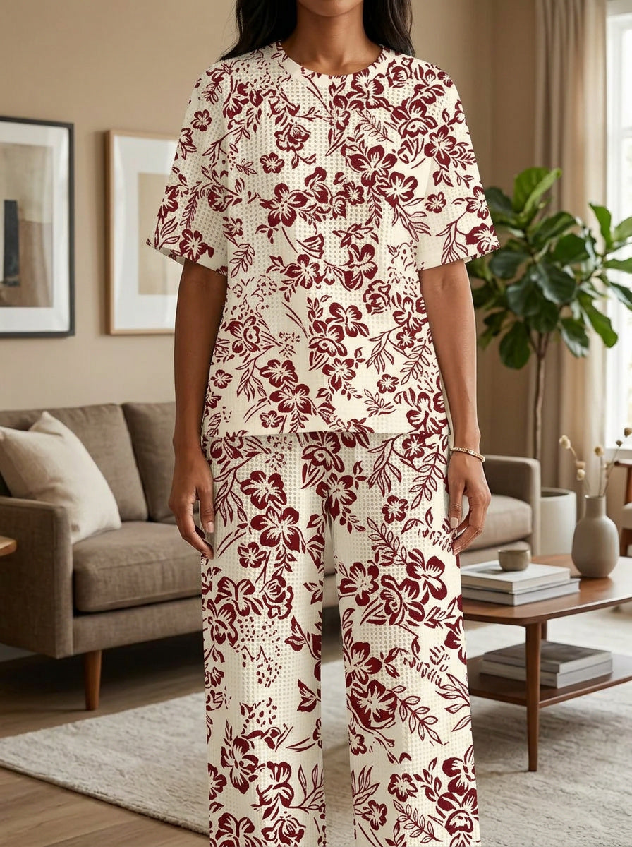 Womens Waffle Texture Burgundy Floral Two Piece Set