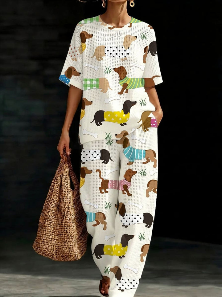 Womens Waffle Texture Dachshund Dog Print Two Piece Set