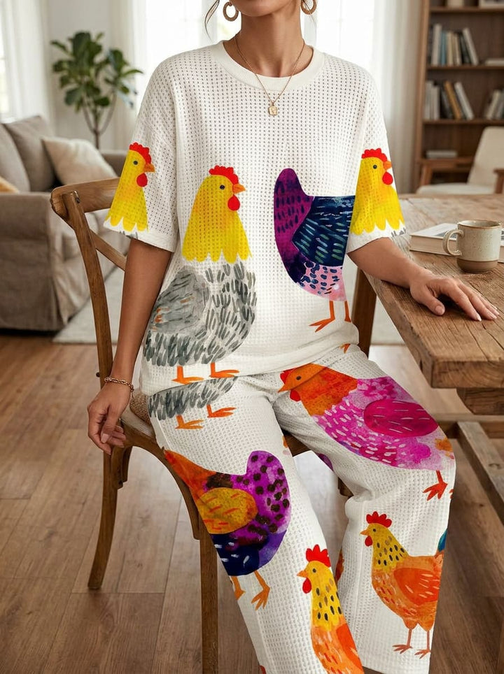 Womens Waffle Texture Chicken Print Two Piece Set