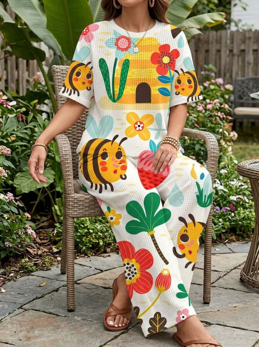 Womens Waffle Texture Bee Floral Print Two Piece Set