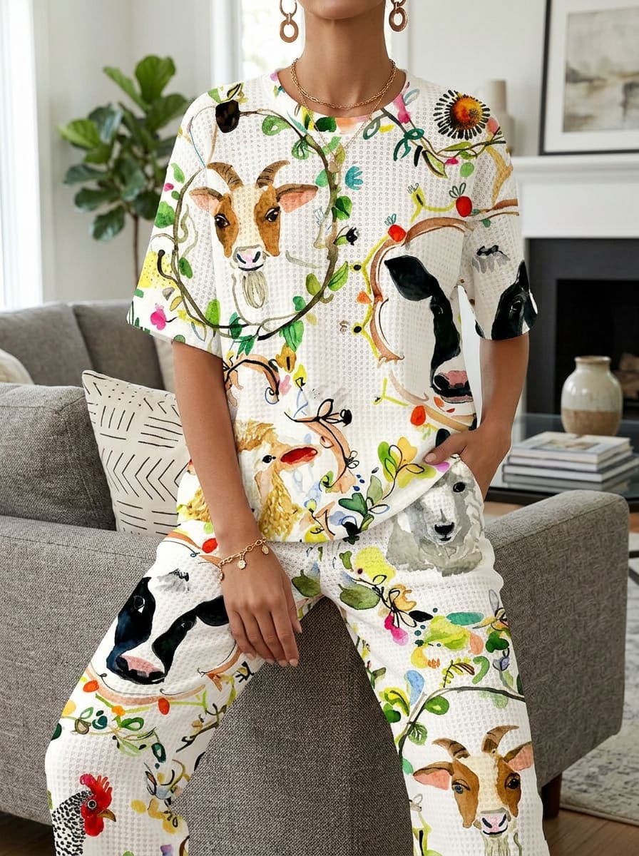 Womens Waffle Texture Farm Animal Print Two Piece Set
