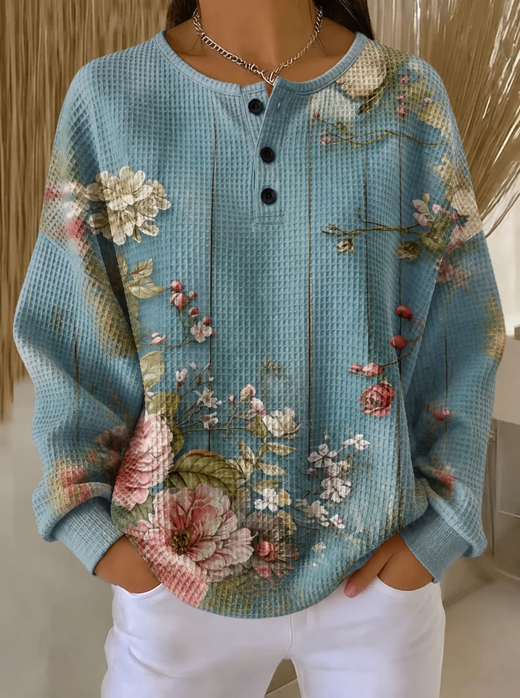 Romantic Rose Blue Print Waffle Knit Henley Top