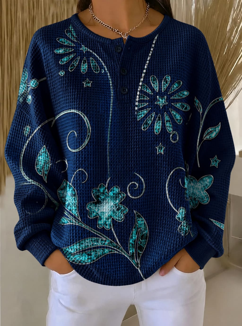 Navy Flower Waffle Knit Henley Top