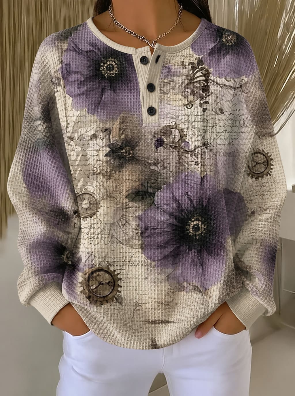 Vintage Purple Flower Waffle Knit Henley Shirt
