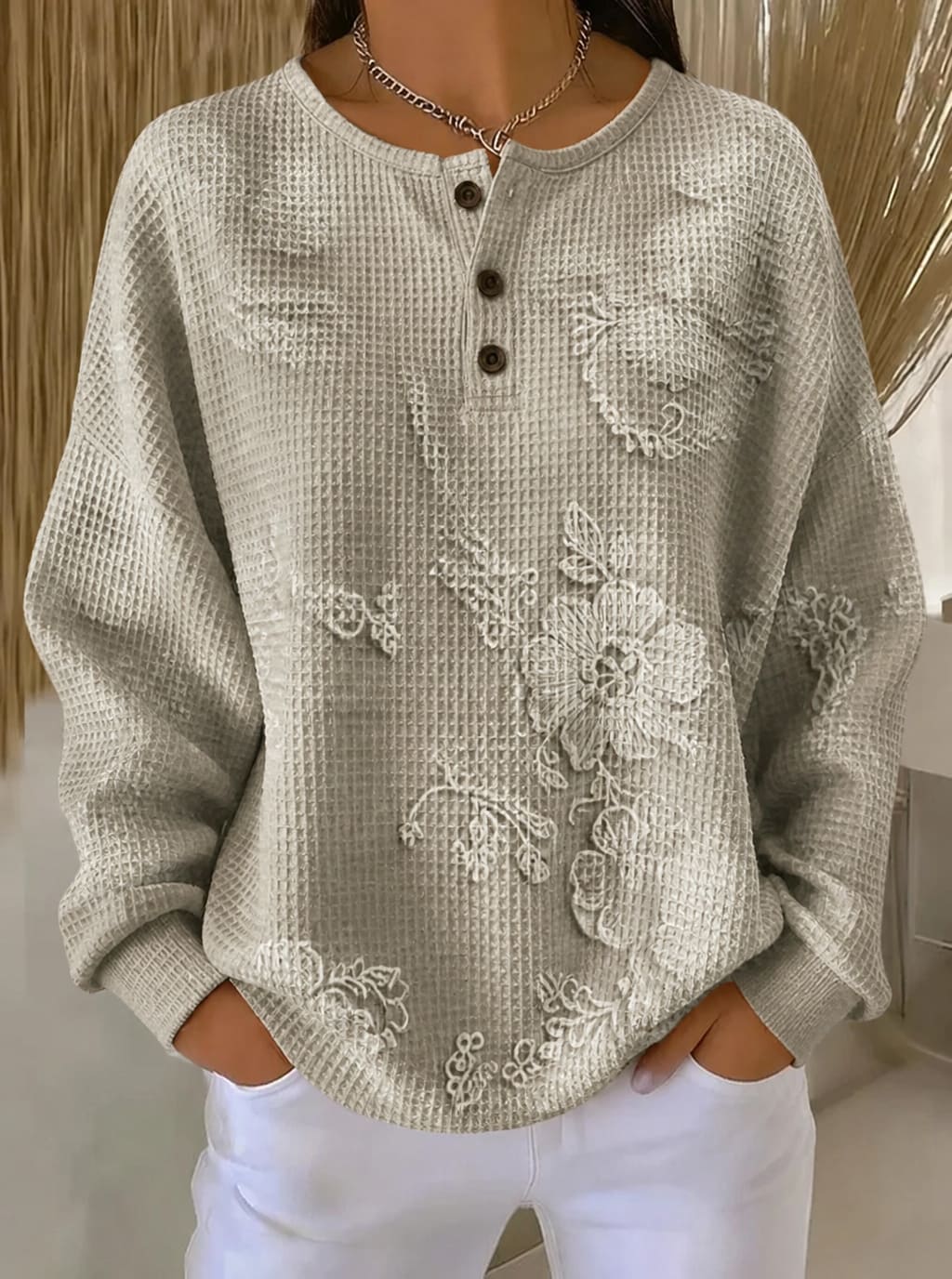 Textured Grey Floral Waffle Knit Henley Top