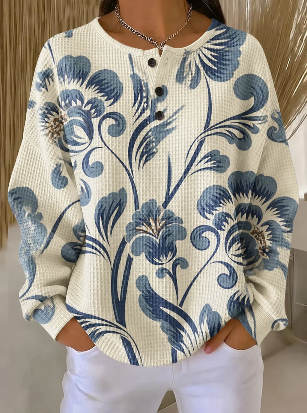 Elegant Blue Floral Waffle Knit Henley Shirt