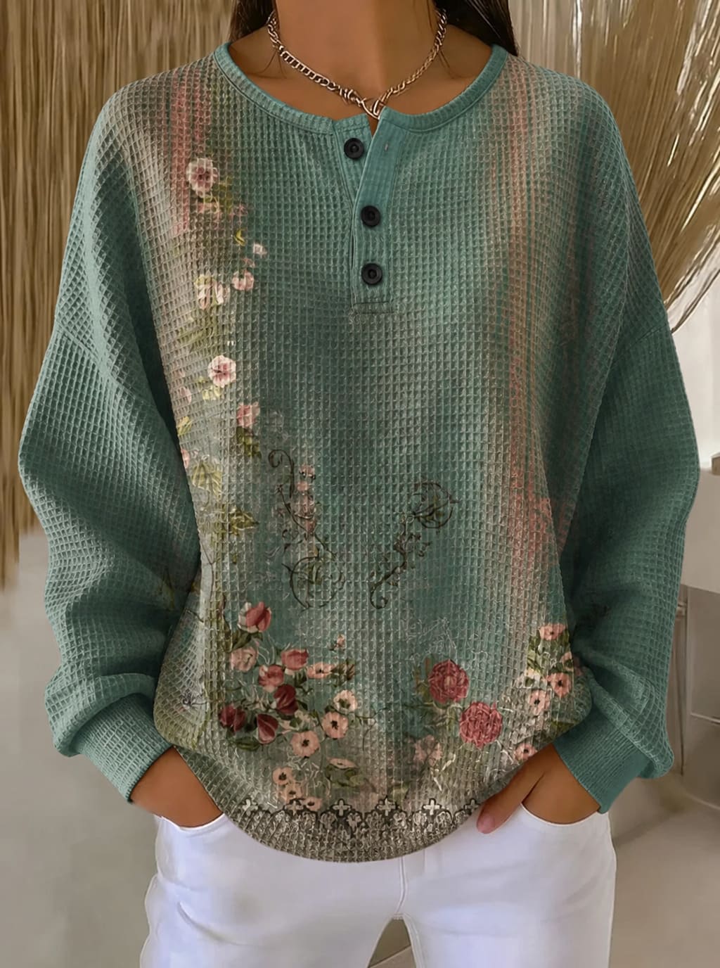 Women's Boho Floral Waffle Knit Henley Shirt