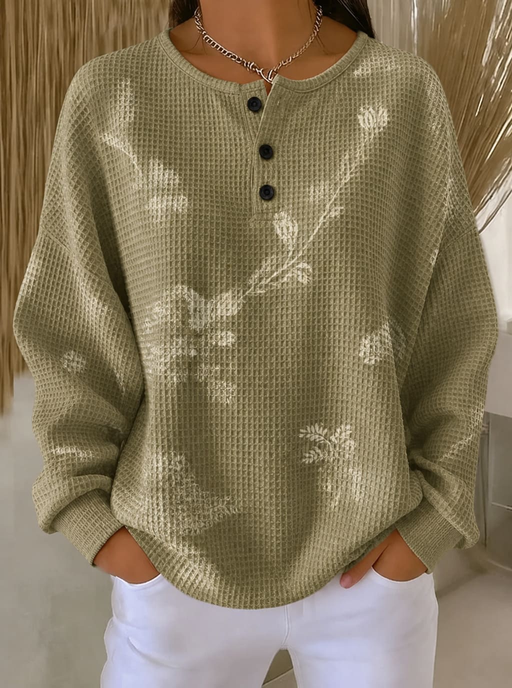 Women's Olive Leaf Waffle Knit Long Sleeve Top