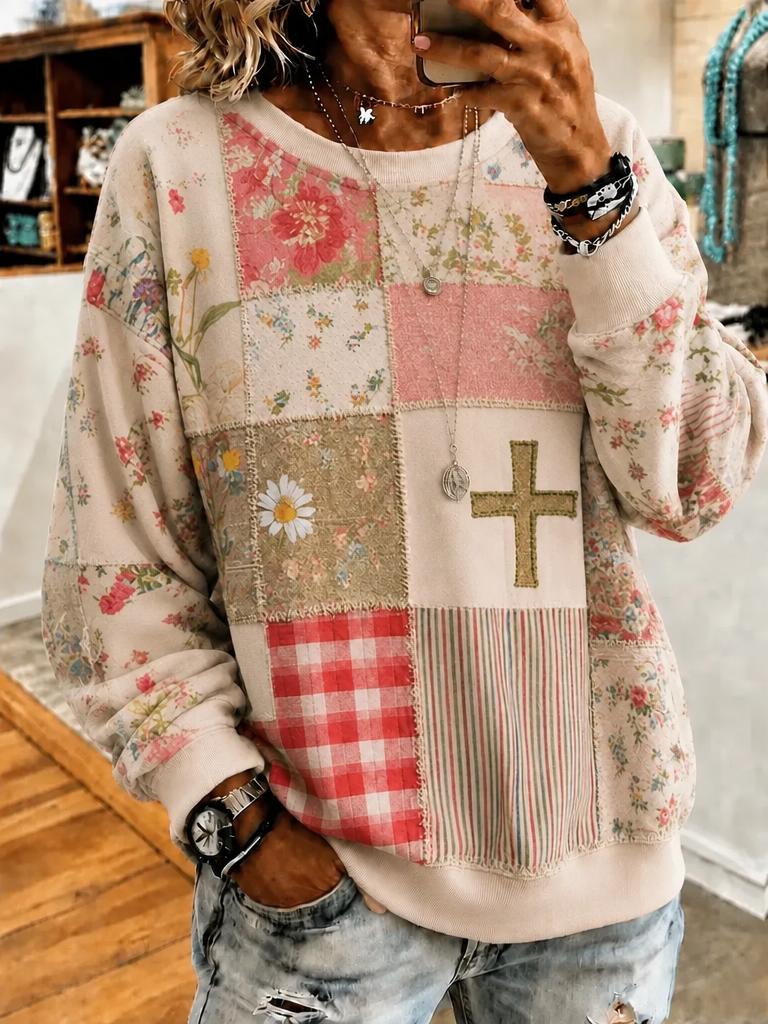 Women Floral Crew Neck Printing Casual Spring/Fall Long Sleeve Sweatshirt