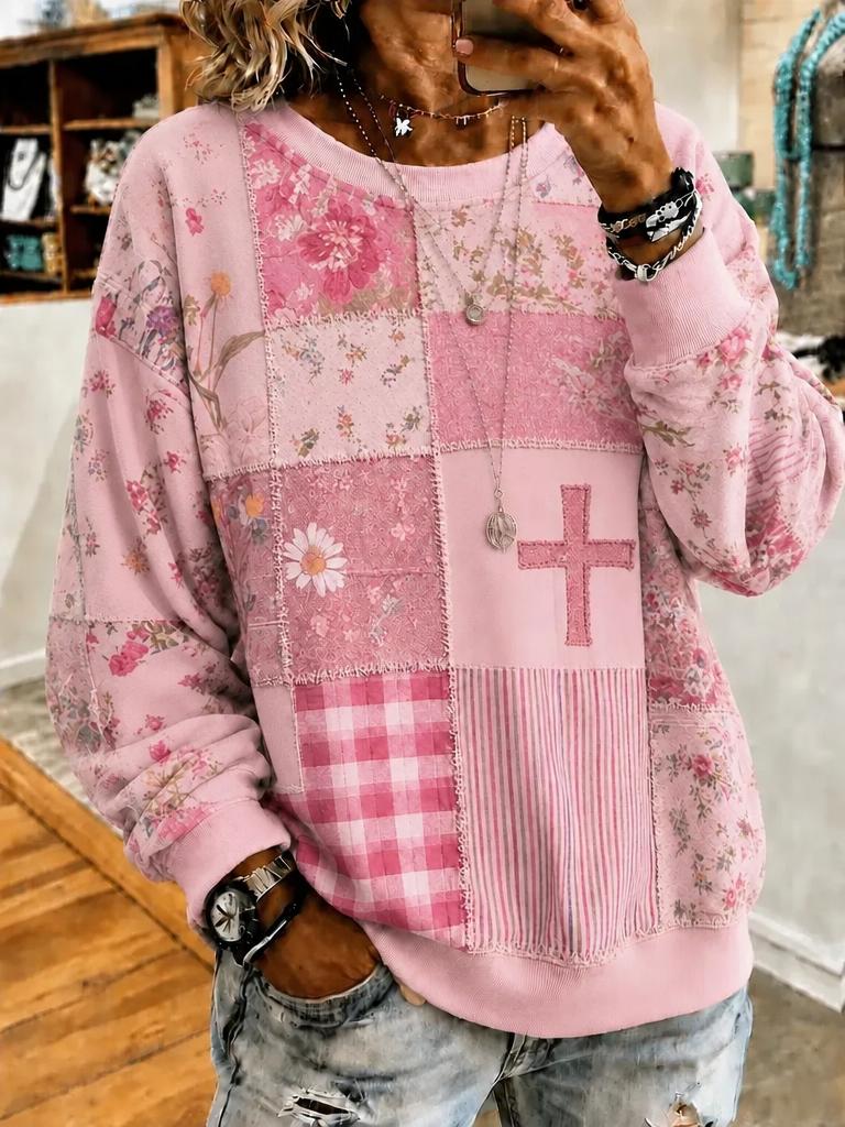 Women Floral Crew Neck Printing Casual Spring/Fall Long Sleeve Sweatshirt