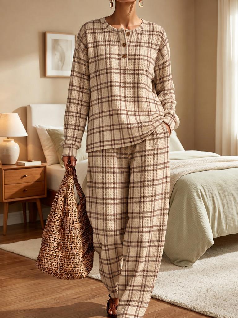 Womens Brown Tartan Plaid Waffle Texture Henley Neck Two Piece Set
