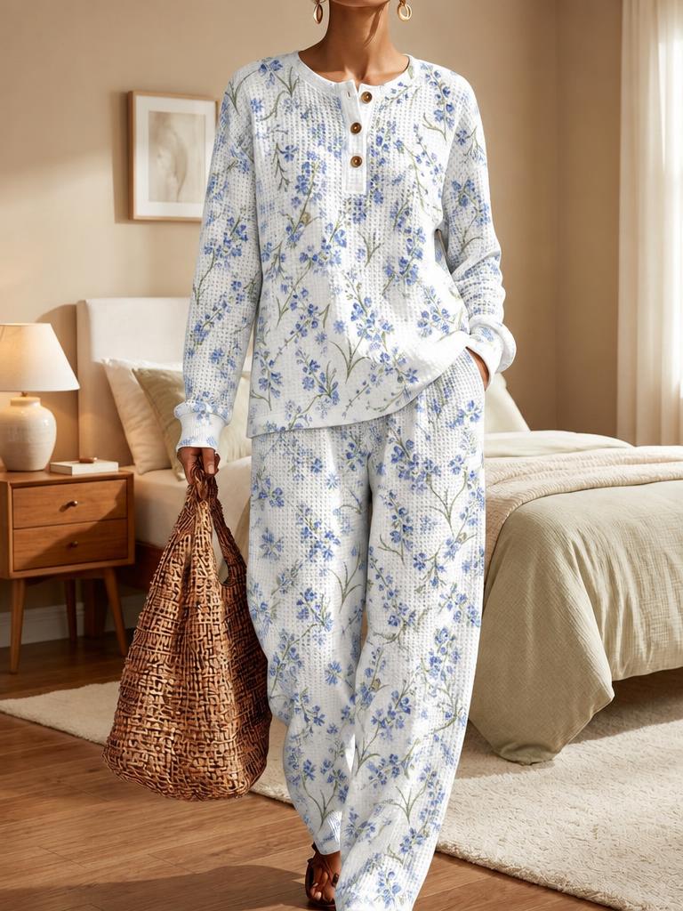 Womens Blue Blossom Floral Waffle Texture Henley Neck Two Piece Set