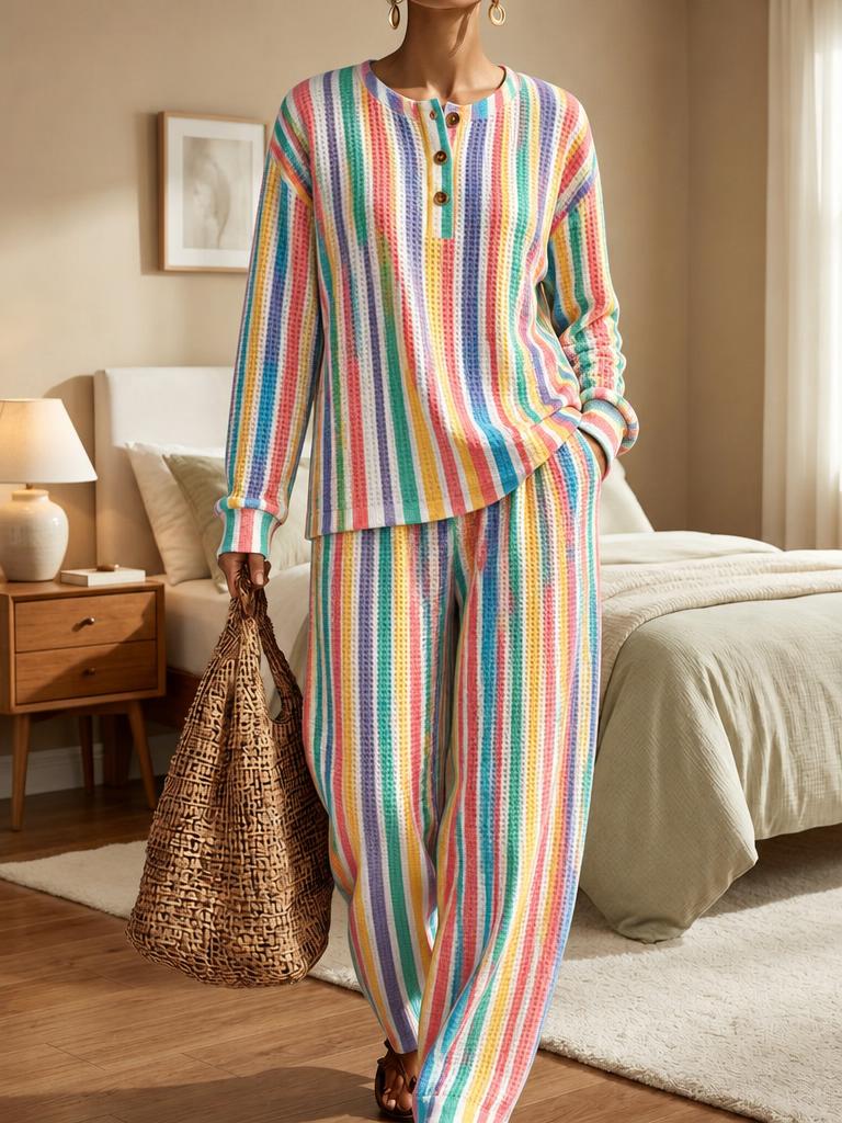 Womens Rainbow Striped Print Waffle Texture Henley Neck Two Piece Set