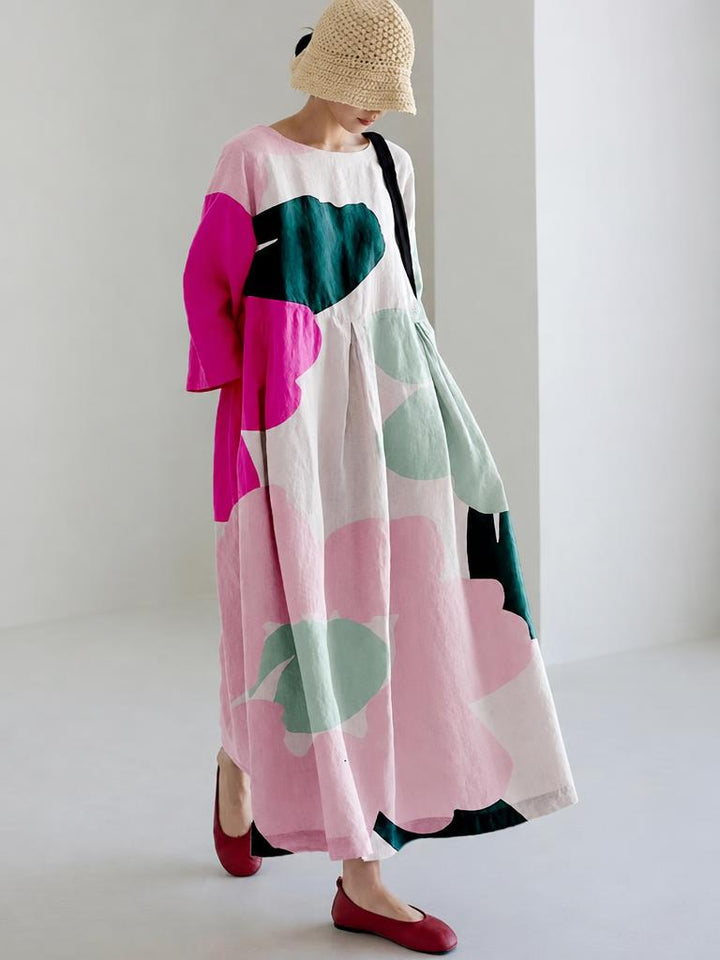 Rainbow Print Cotton Dresses Pockets Patchwork