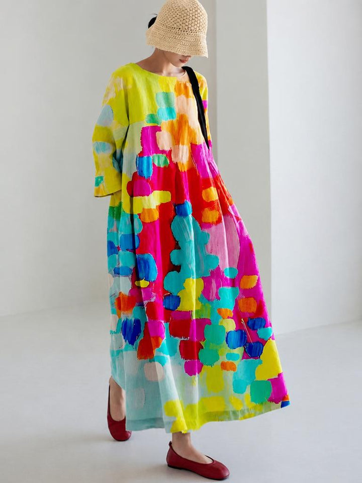 Rainbow Print Cotton Dresses Pockets Patchwork