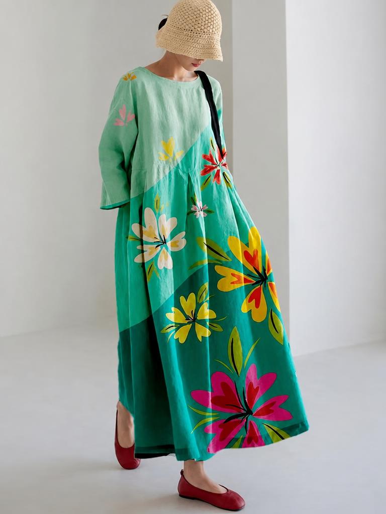 Rainbow Print Cotton Dresses Pockets Patchwork