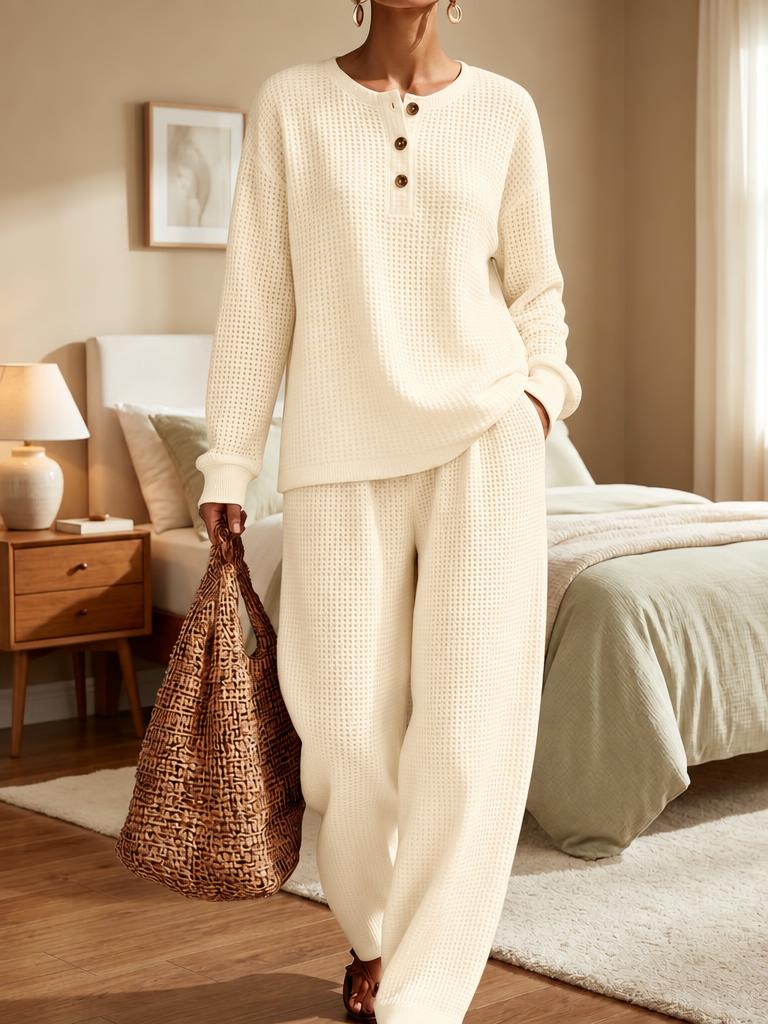 Women's Waffle Texture Henley Two-Piece Cream White Lounge Set