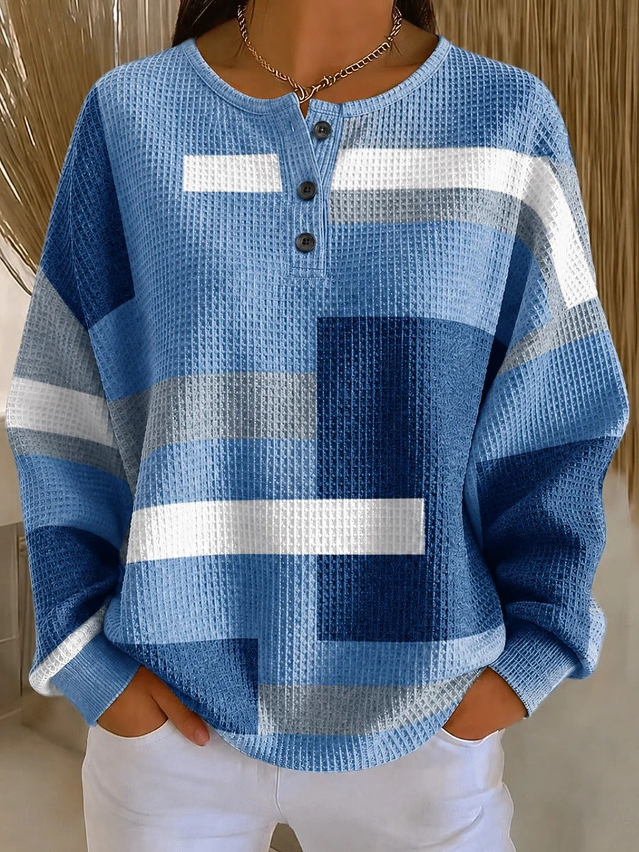 Women's Blue White Color Block Geometric Abstract Pattern Print Casual Waffle Cotton Henley Sweatshirt