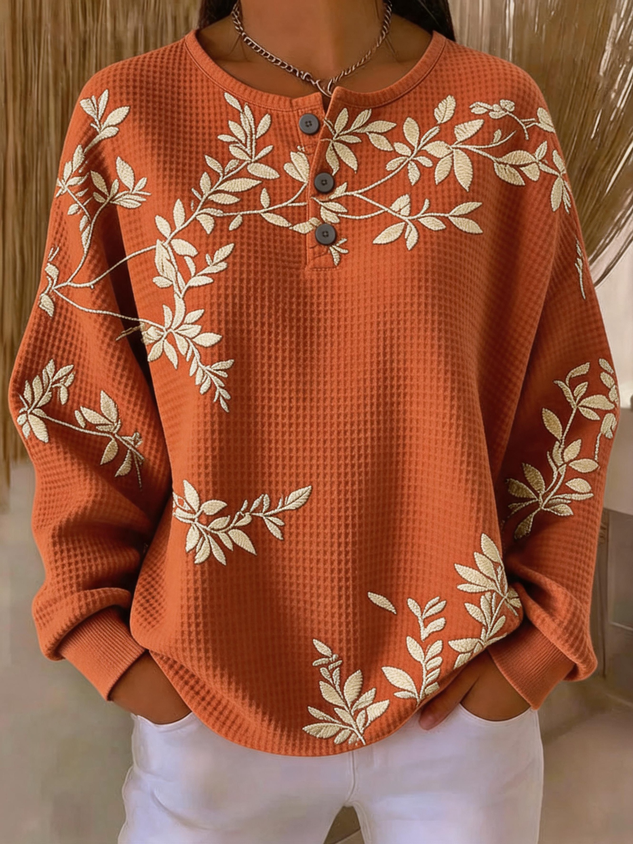 Vintage Henley Collar Leaf Sweatshirt