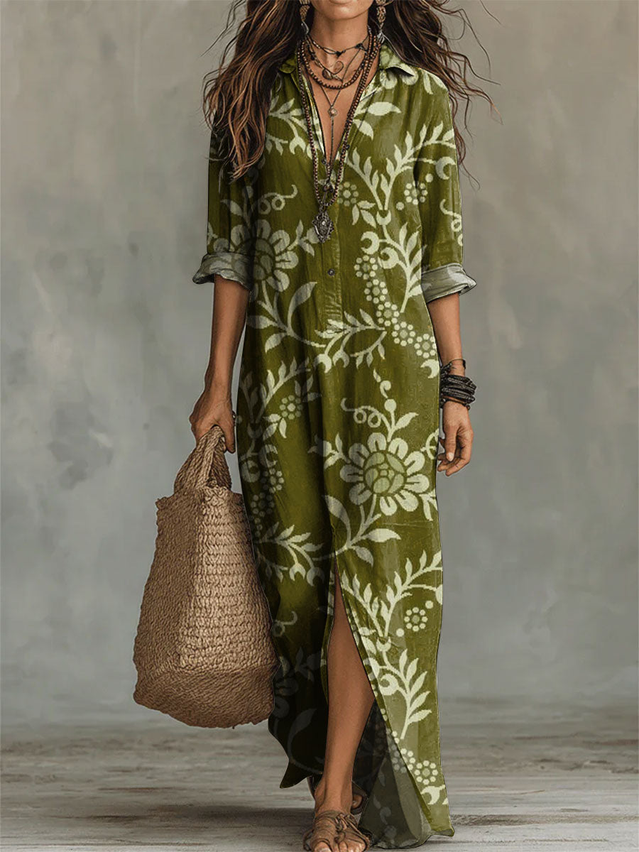 Women's Flower Print Casual Solid-color Linen-cotton Dress