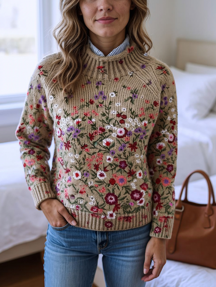 Vintage Lovely Floral Art Print Knit Turtleneck Pullover Sweater