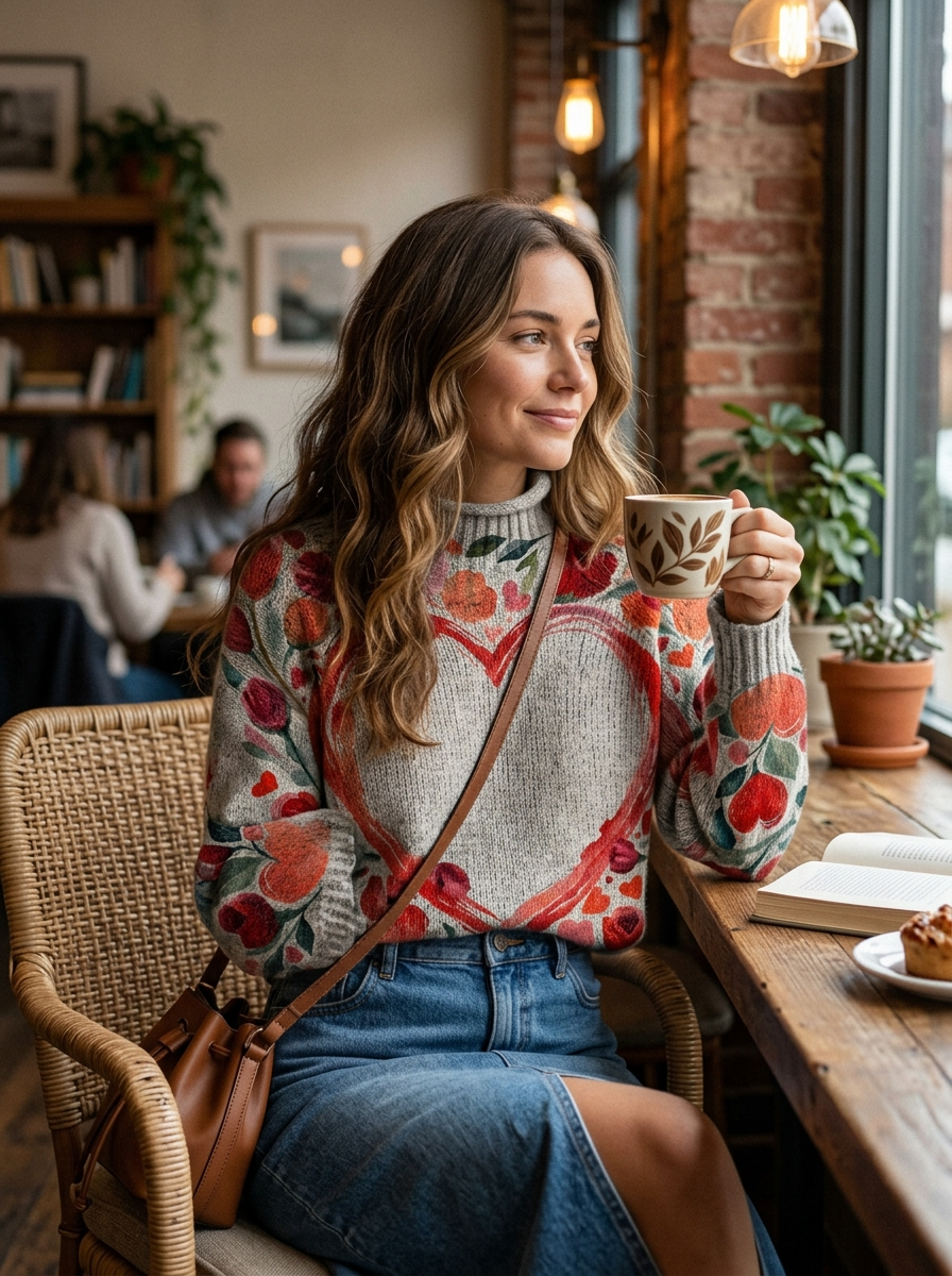Lovely Floral Heart Valentine's Day Art Print Knit Turtleneck Pullover Sweater