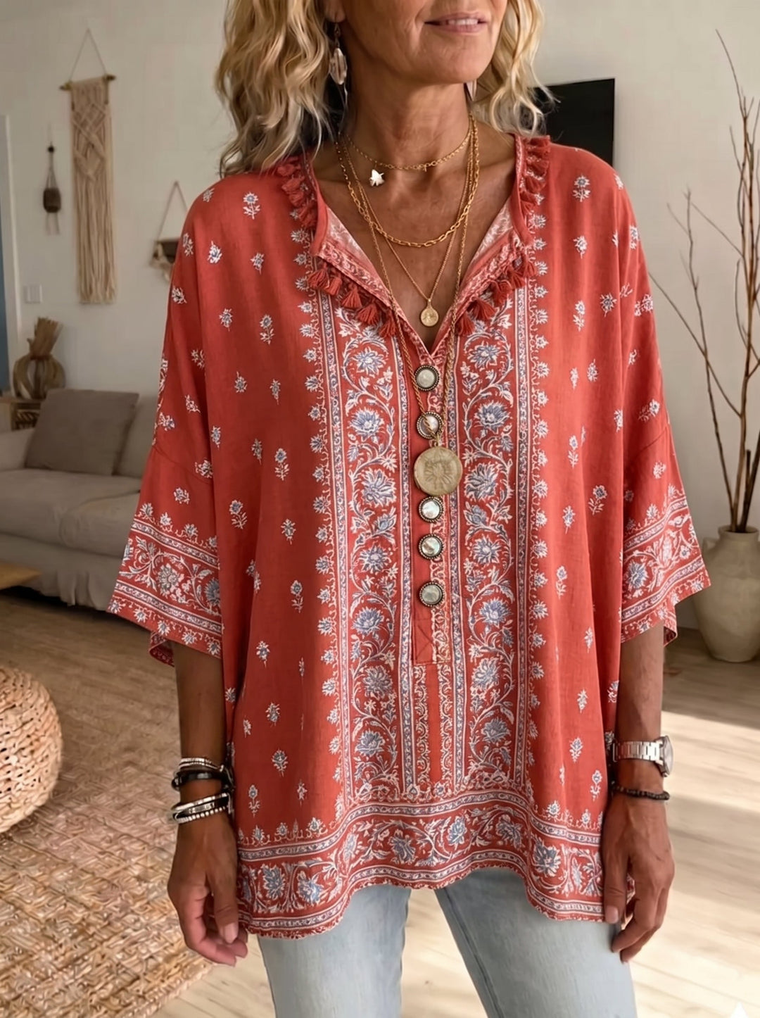 Women's Vintage Floral Print V-Neck Tunic-Loose Fit Casual Cotton Linen Blouse