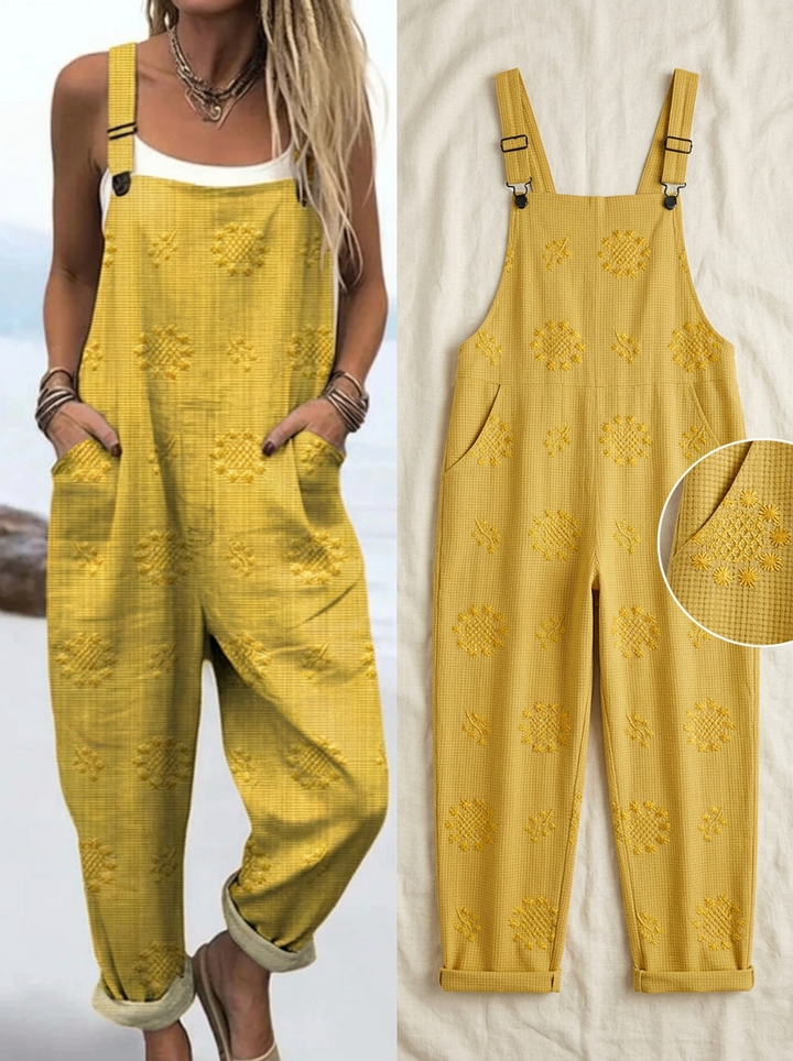 Women's Vintage Floral Pattern Art Print Casual Cotton Linen Wide Leg Jumpsuit