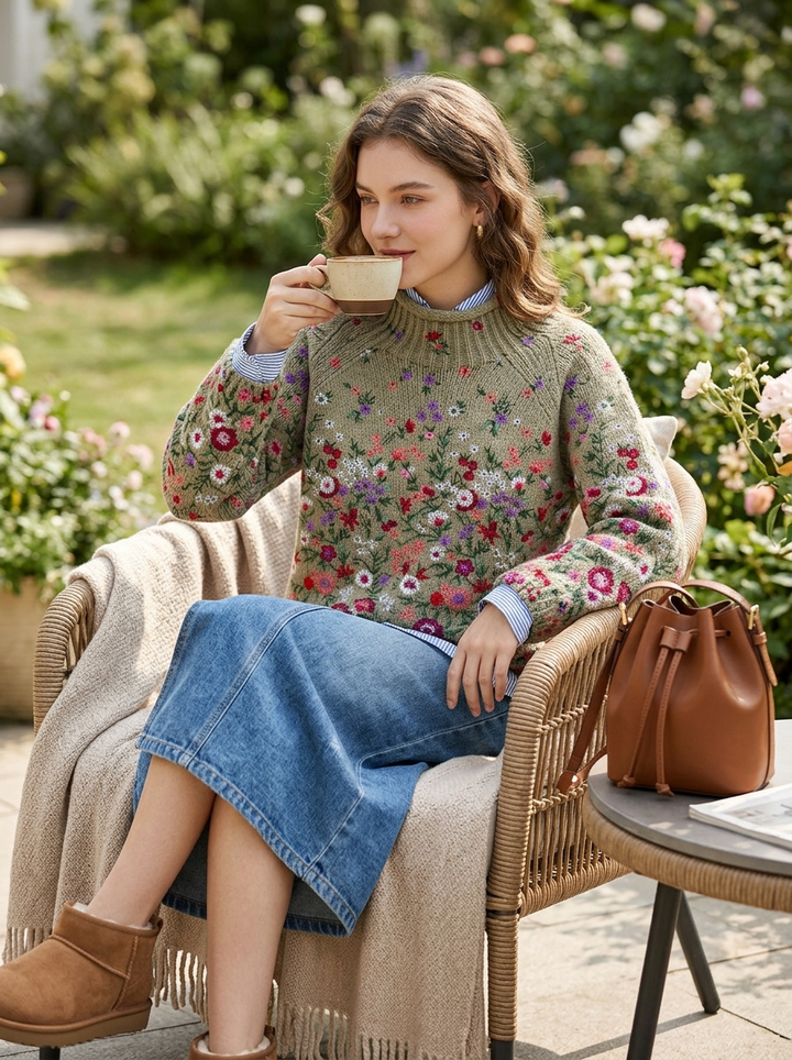 Vintage Lovely Floral Art Print Knit Turtleneck Pullover Sweater