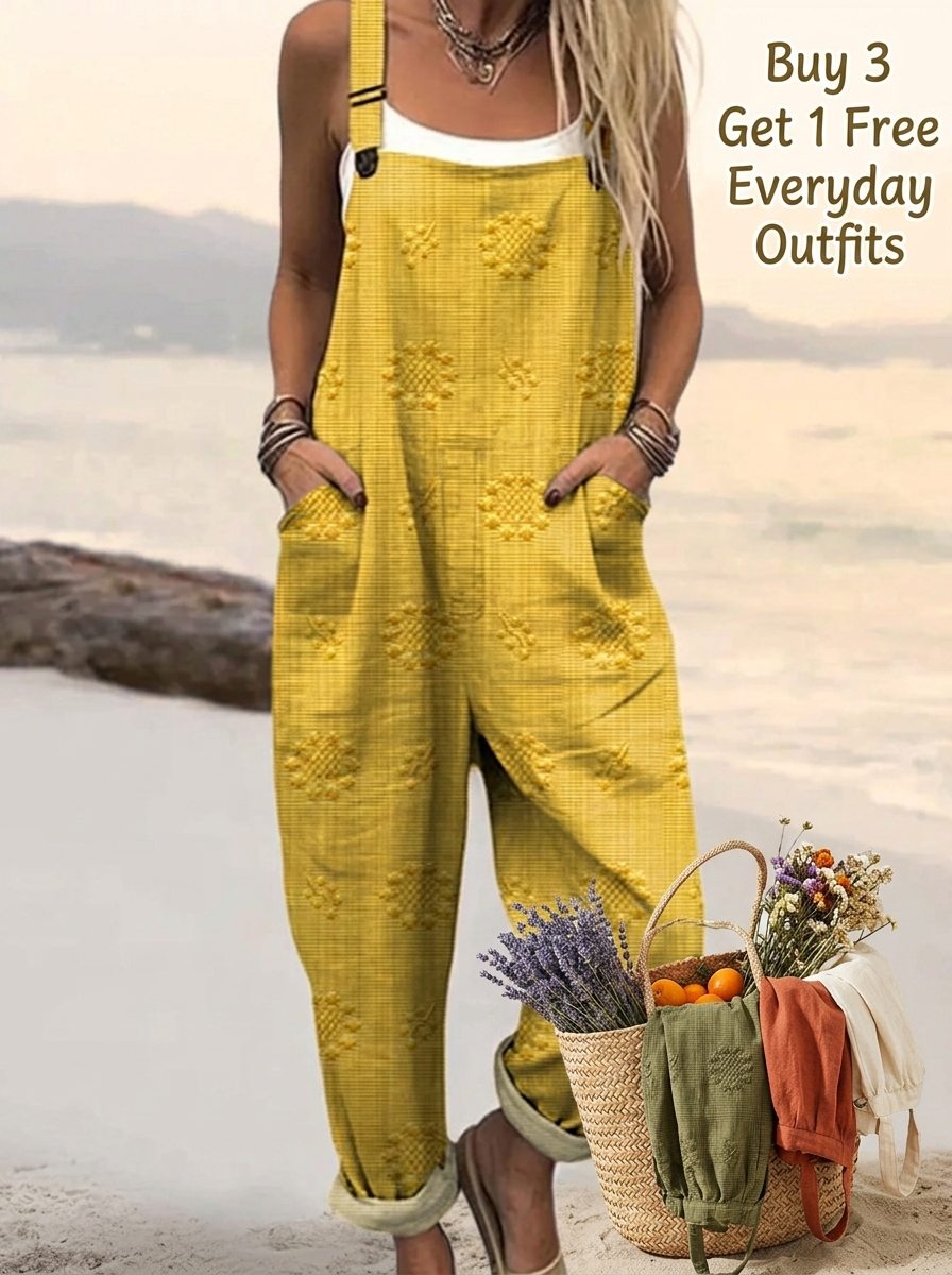 Women's Vintage Floral Pattern Art Print Casual Cotton Linen Wide Leg Jumpsuit