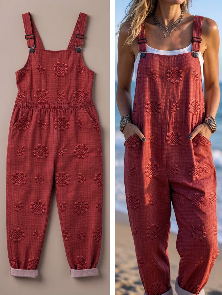 Women's Vintage Floral Pattern Art Print Casual Cotton Linen Wide Leg Jumpsuit