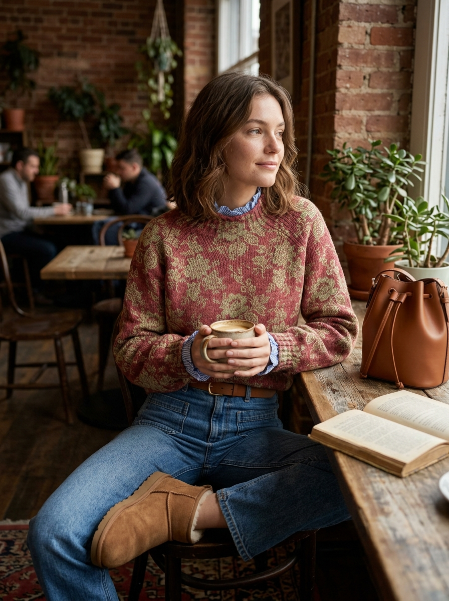 Women's Vintage Lovely Floral Art Print Knit Turtleneck Pullover Sweater